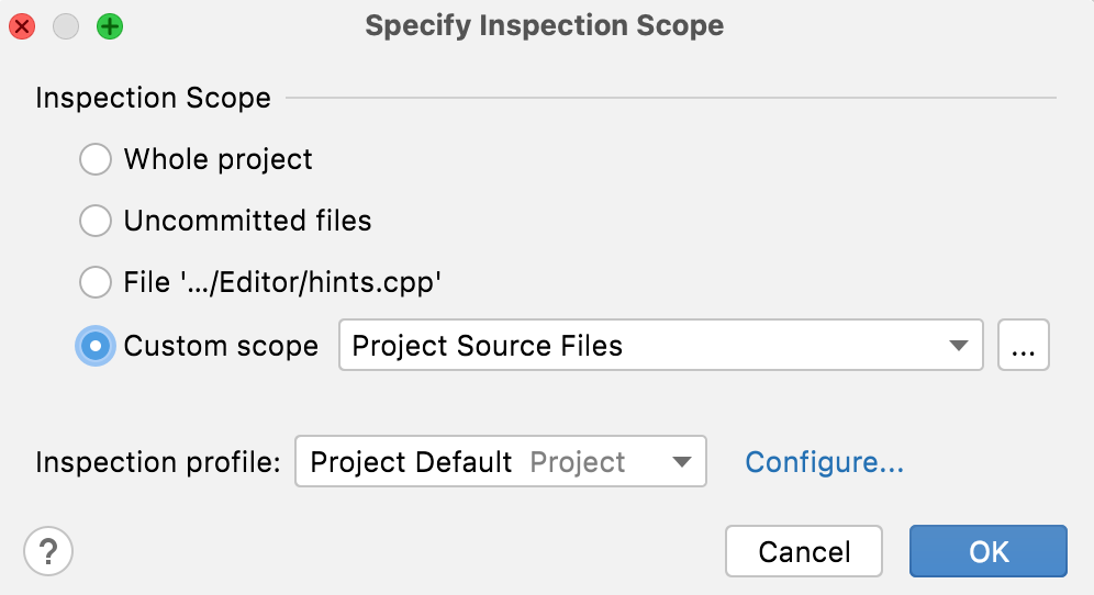 The Specify Inspection Scope dialog The Specify Inspection Scope dialog
