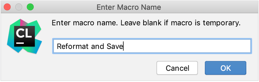 Enter Macro Name dialog Enter Macro Name dialog