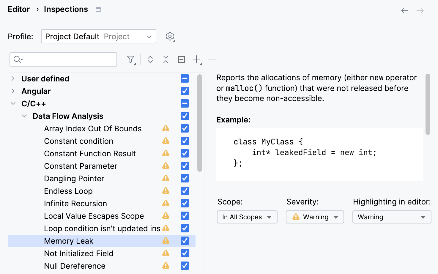 The Memory Leak inspection settings The Memory Leak inspection settings