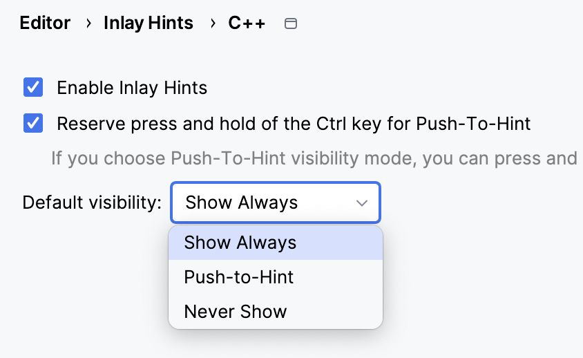 Inlay hints visibility iptions Inlay hints visibility iptions