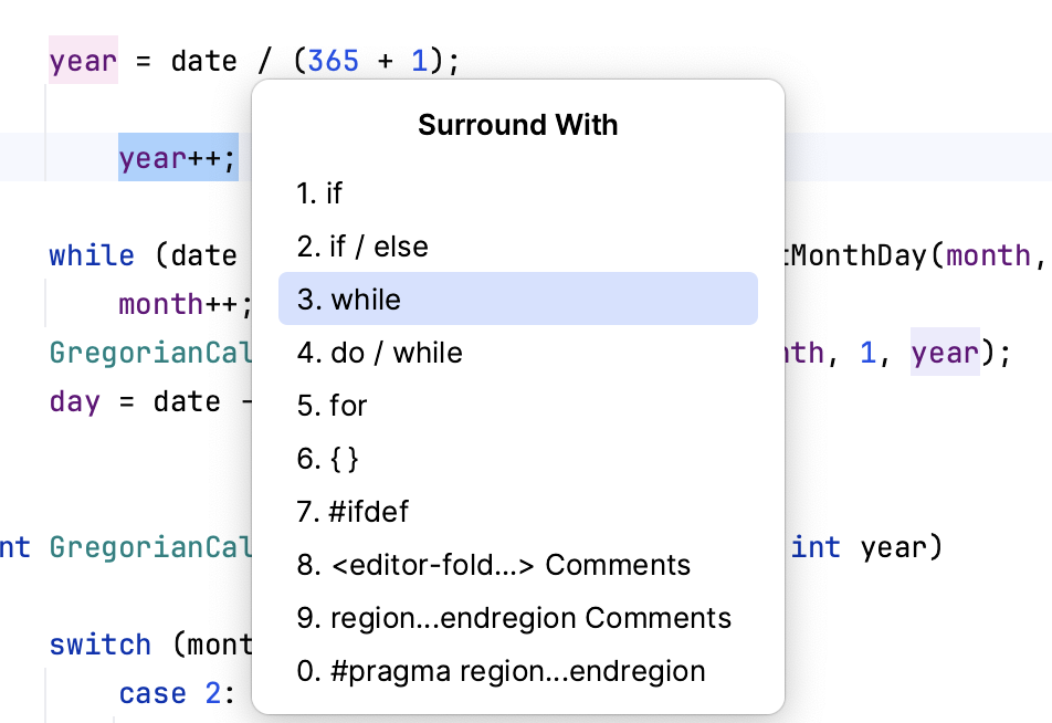 '用...包围' 选项 '用...包围' 选项