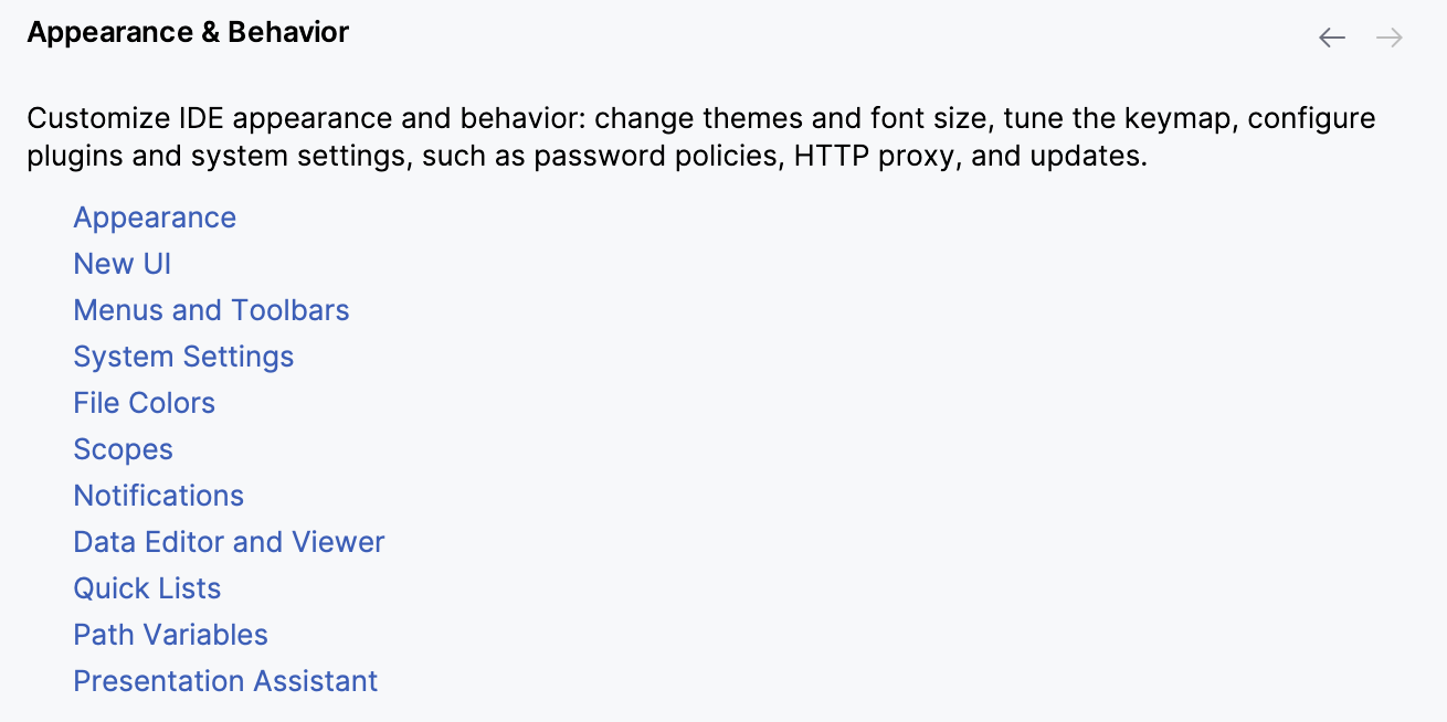 The Appearance & Behavior settings page The Appearance & Behavior settings page