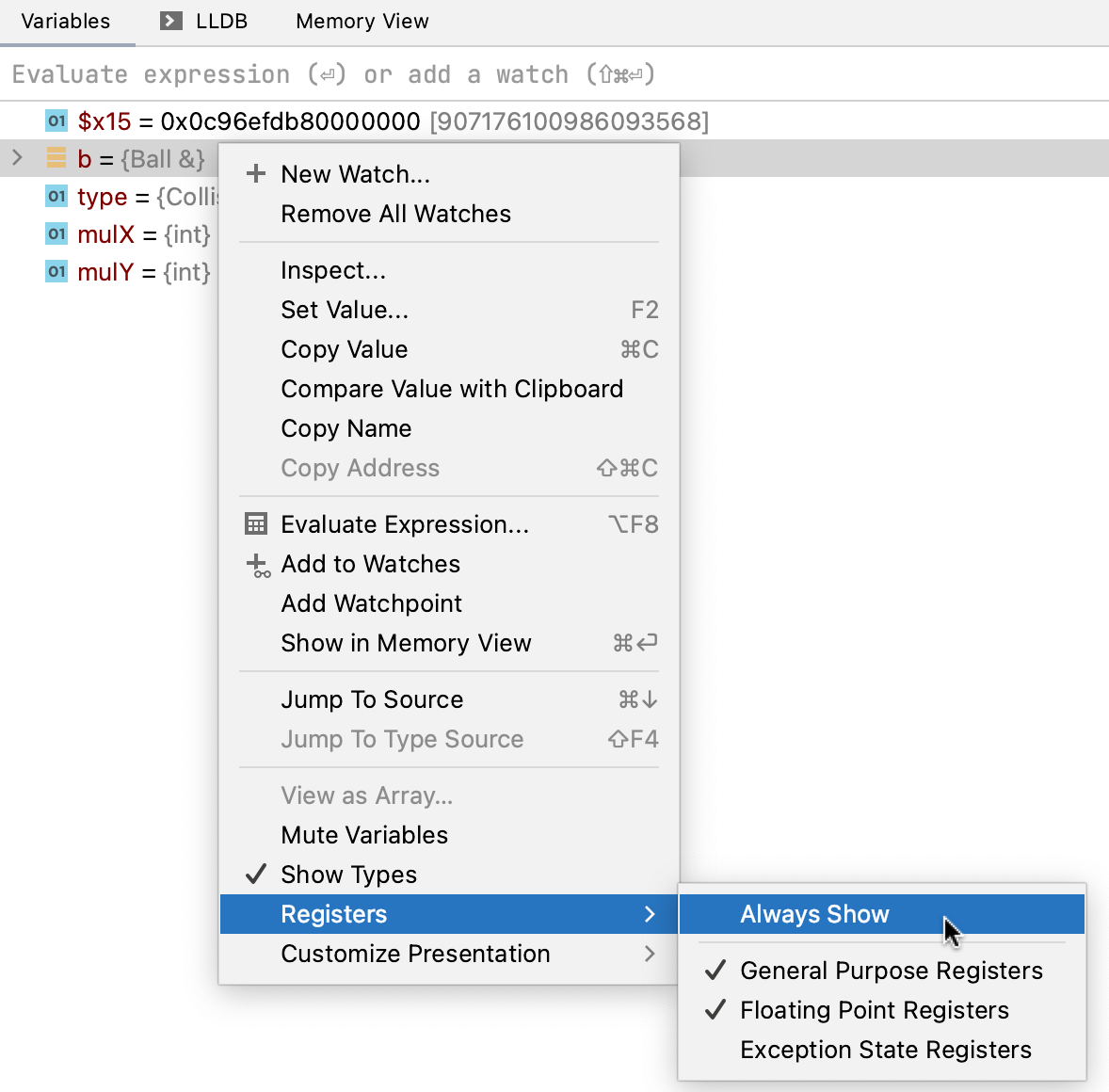 打开寄存器视图