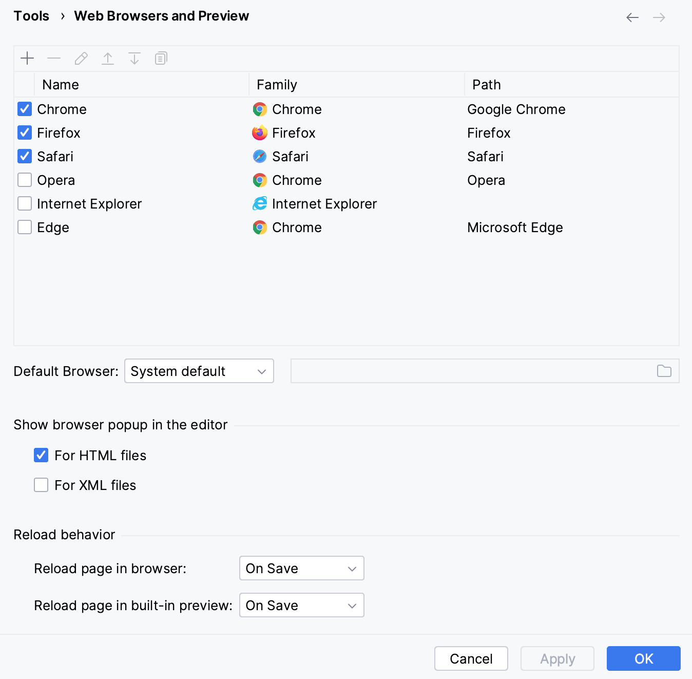 The Web Browsers page in Settings The Web Browsers page in Settings