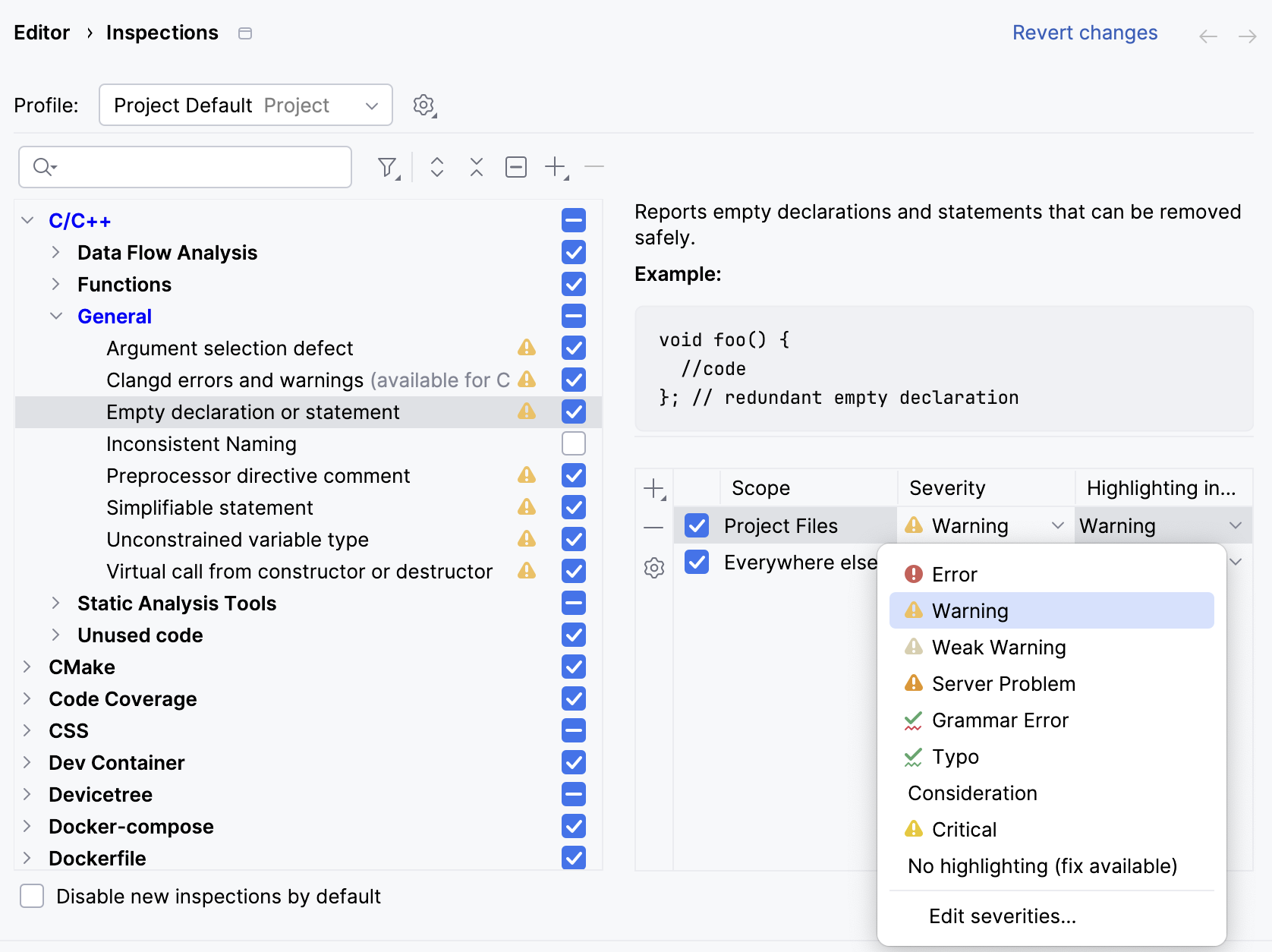 Configuring inspection severity for different scopes Configuring inspection severity for different scopes