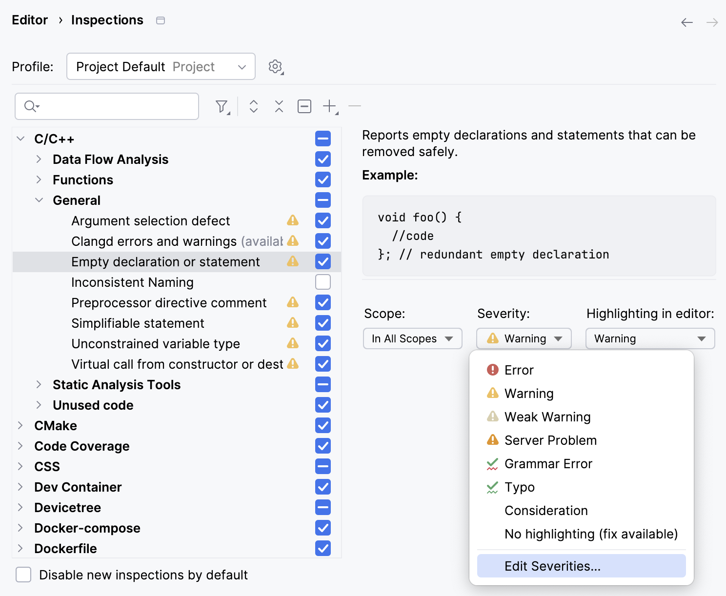 Severity selector in the inspections settings Severity selector in the inspections settings