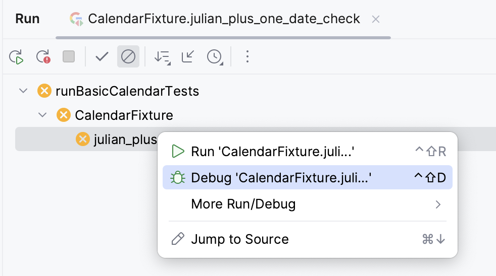 Test runner context menu Test runner context menu
