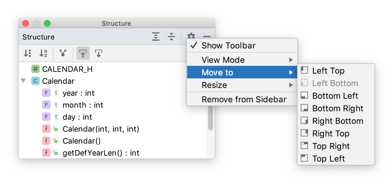 Tool window options menu: Move to Tool window options menu: Move to