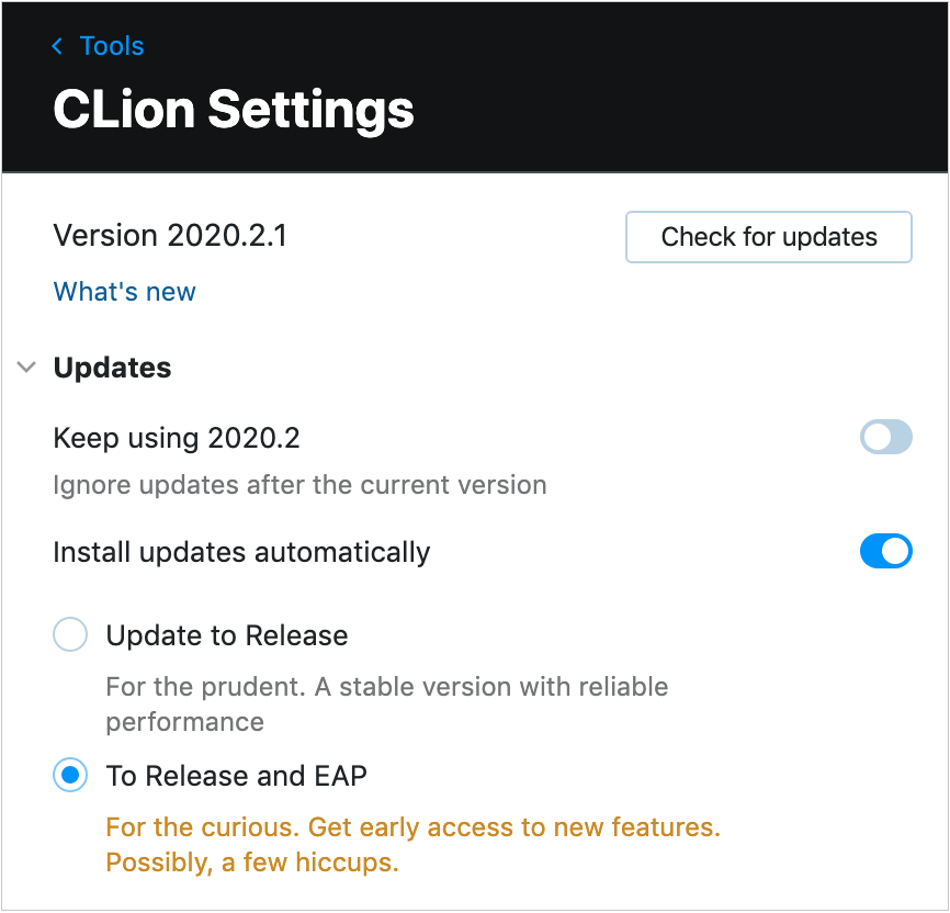 Toolbox App: selecting the update channel Toolbox App: selecting the update channel