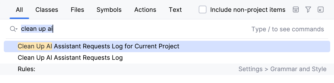 Action in Search Everywhere for cleaning up AI&nbsp;Assistant requests log