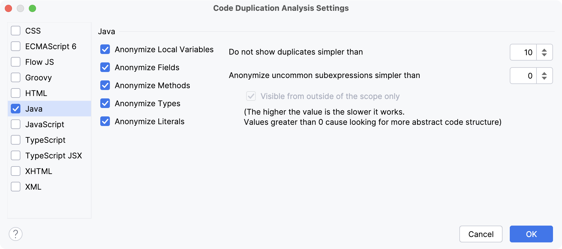 Code Duplication Analysis Settings