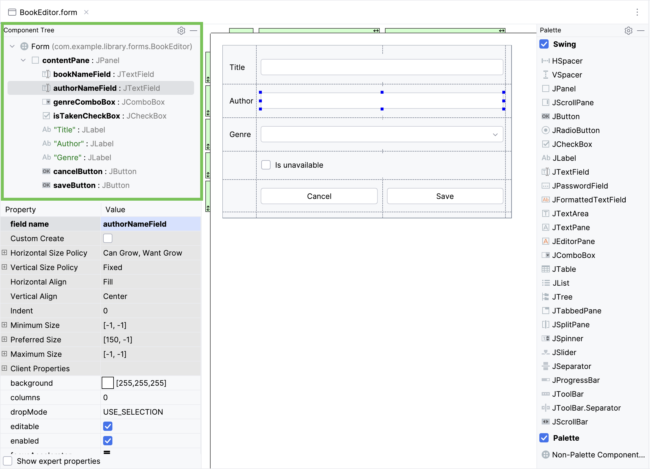 The component tree section of a form The component tree section of a form