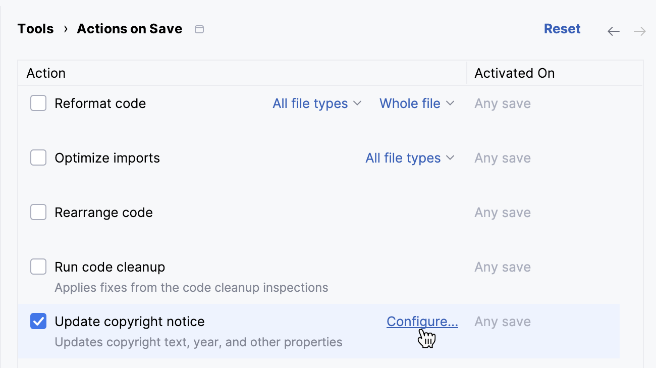 Configuring the Update copyright notice option in settings Configuring the Update copyright notice option in settings