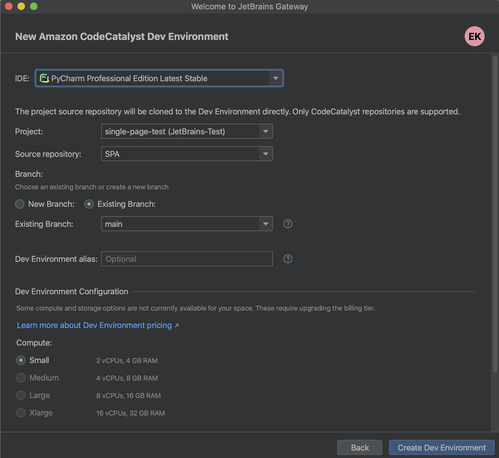 Create new Dev Environment Create new Dev Environment