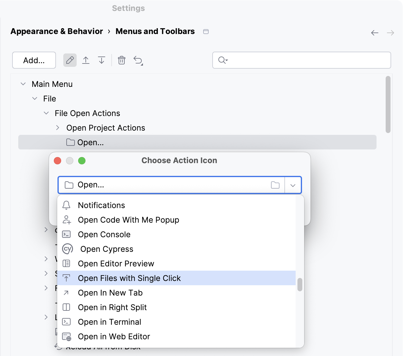 Selecting icon from the list Selecting icon from the list