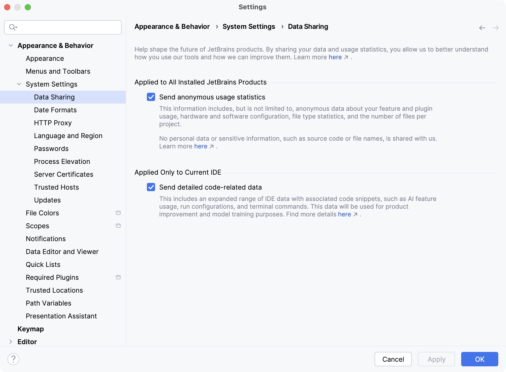 Data Sharing dialog