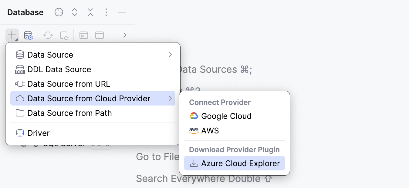 Selecting the Azure cloud provider plugin to download in Database Explorer
