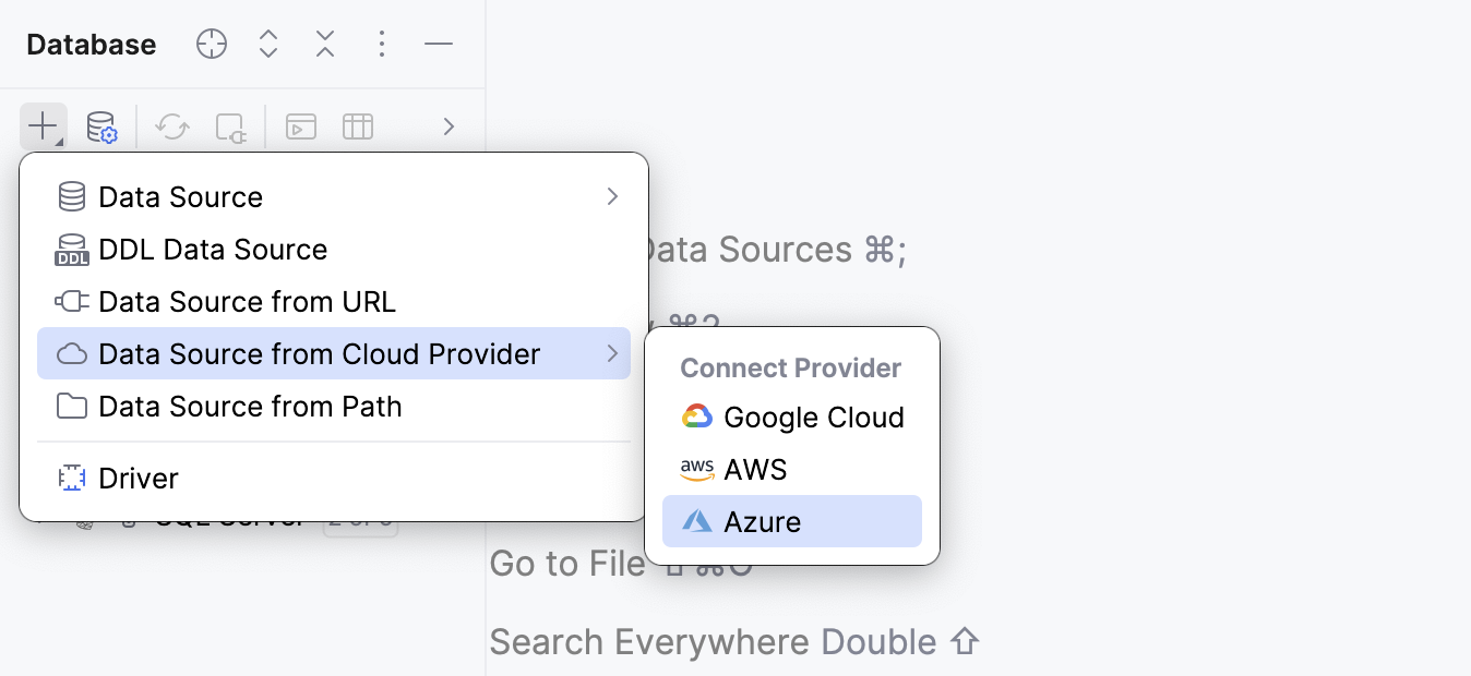 Selecting Azure from the cloud provider submenu in Database Explorer