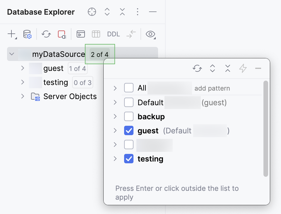 Select databases and schemas to introspect and display in Database Explorer Select databases and schemas to introspect and display in Database Explorer