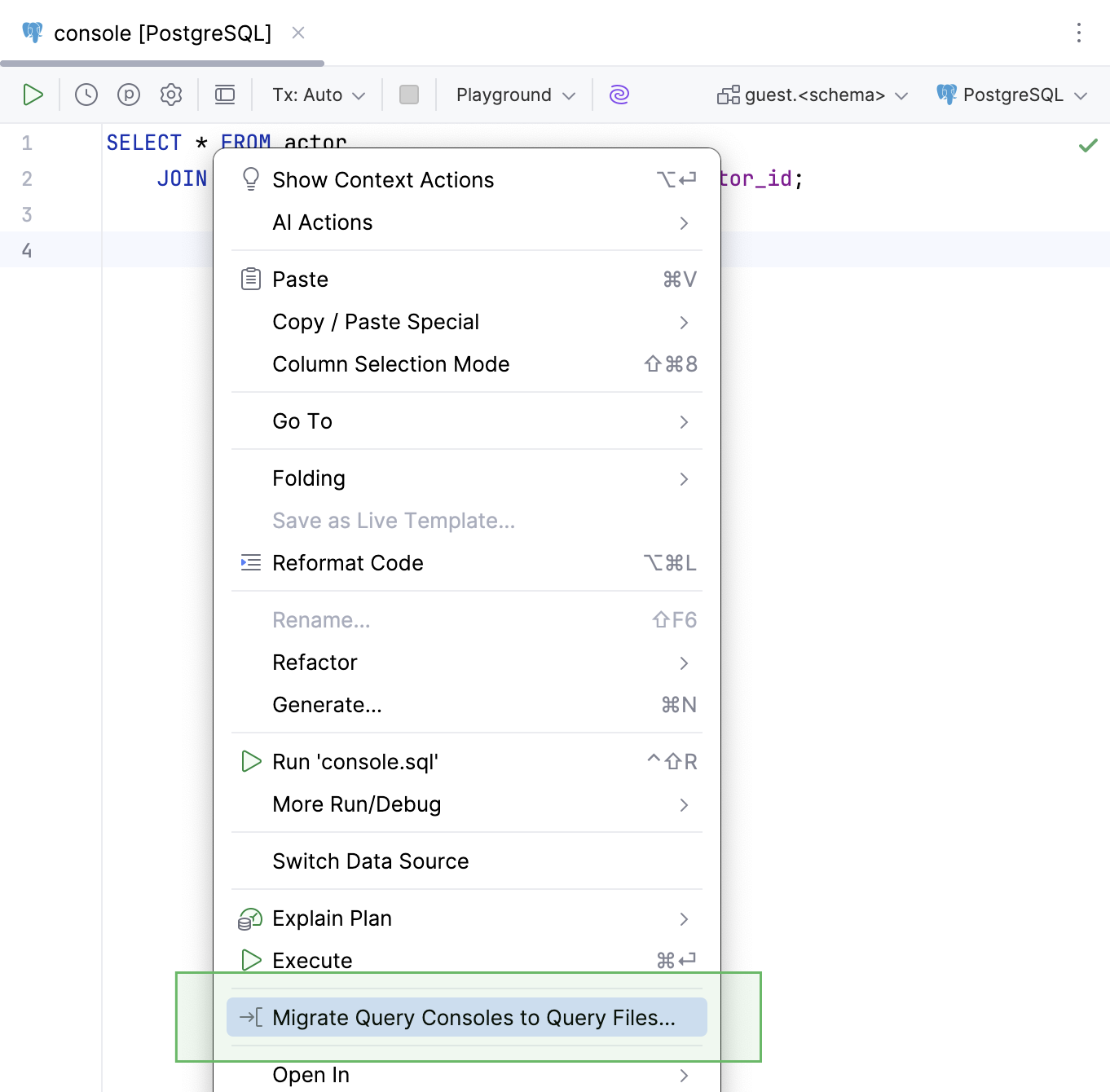 The Migrate Query Consoles to Query Files action in a query console context menu The Migrate Query Consoles to Query Files action in a query console context menu