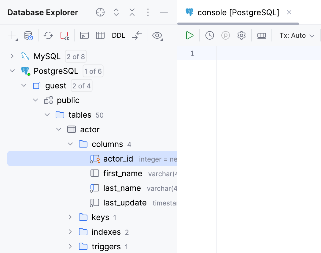 Columns in Database Explorer Columns in Database Explorer