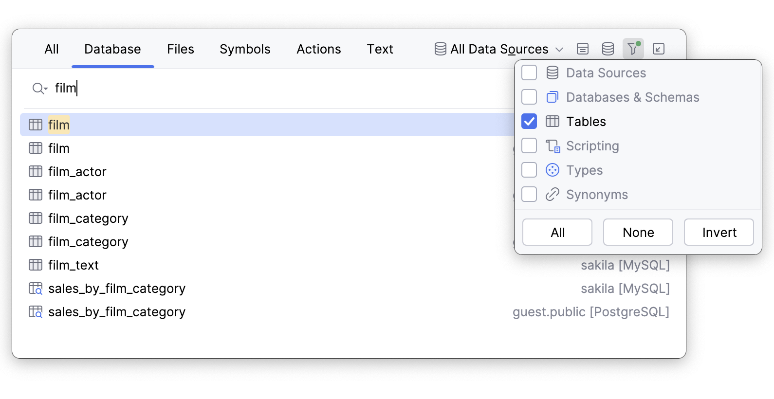 Database object type filter in the Search Everywhere popup Database object type filter in the Search Everywhere popup