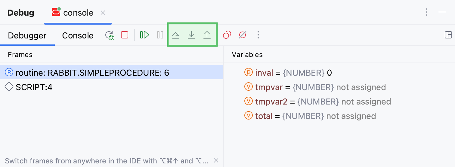 Stepping buttons in the Debug tool window Stepping buttons in the Debug tool window