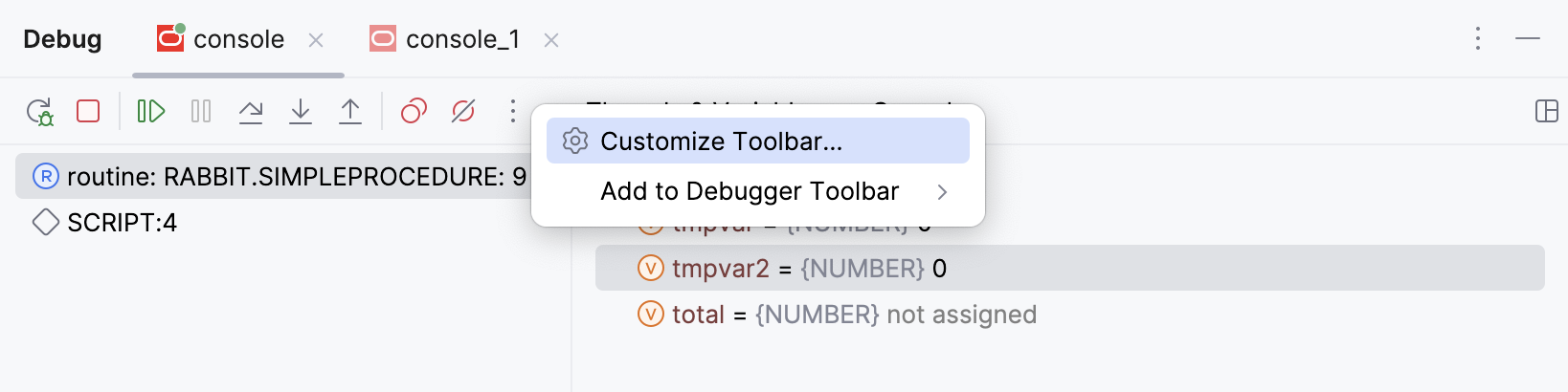 The 'Customize toolbar' option in the context menu of the debugger's toolbar