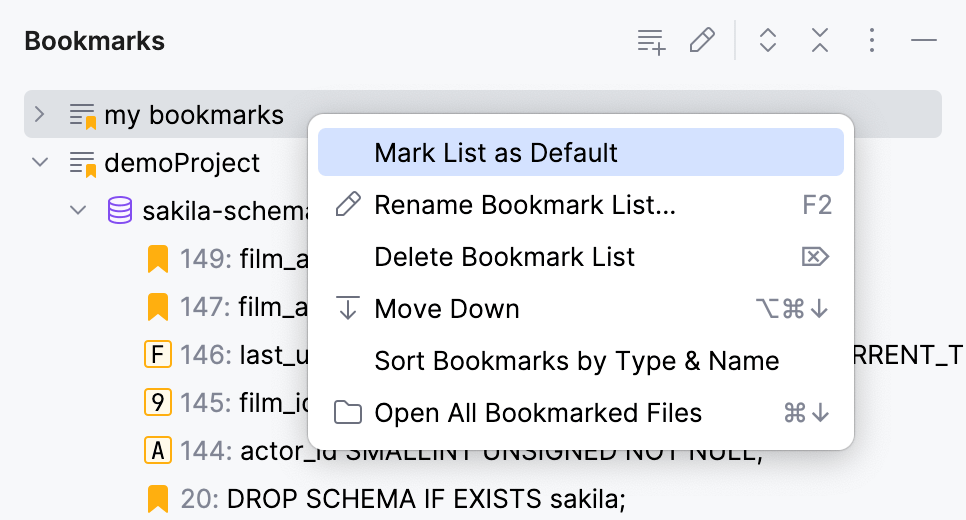 Default list in the Bookmarks tool window Default list in the Bookmarks tool window