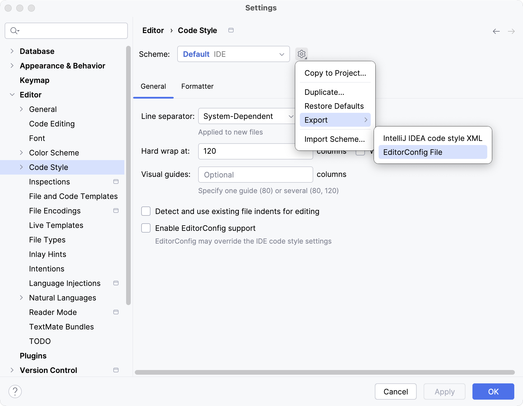 Exporting code style settings as .editorconfig file Exporting code style settings as .editorconfig file