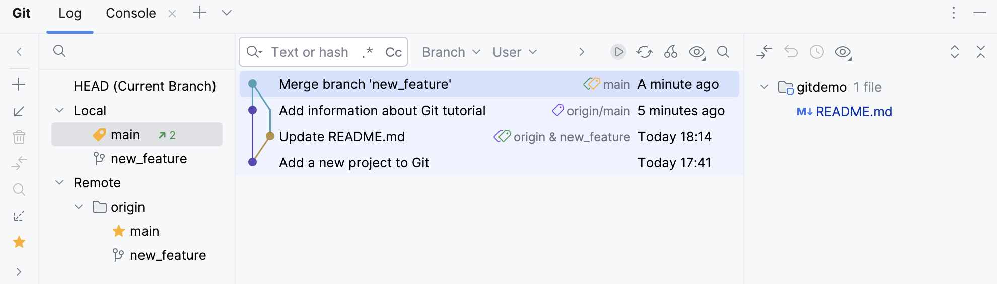 The Git Log tab The Git Log tab