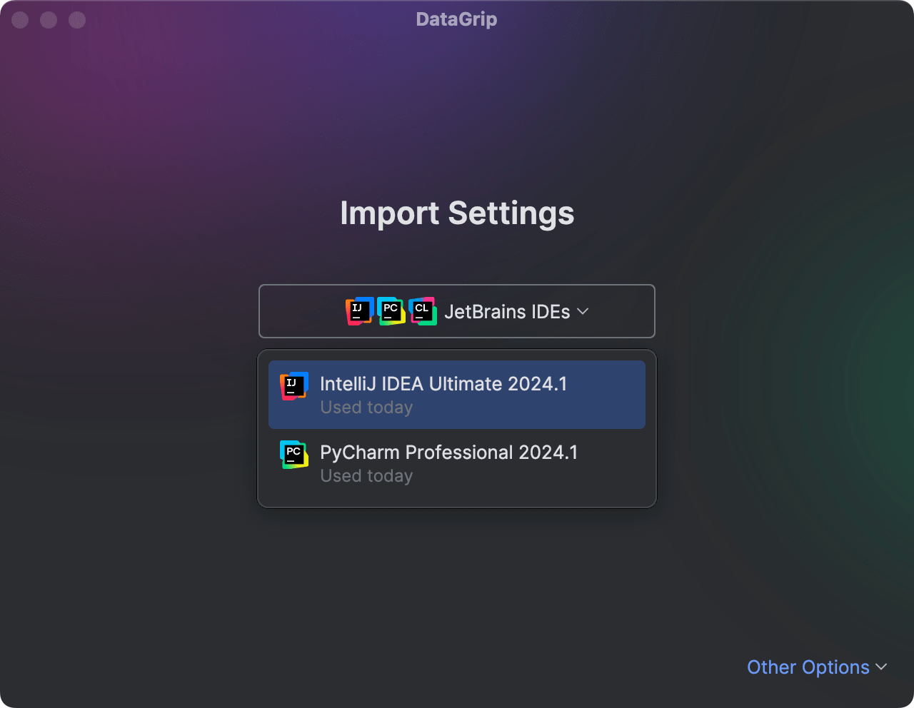 The Import Settings dialog with the opened drop-down list The Import Settings dialog with the opened drop-down list