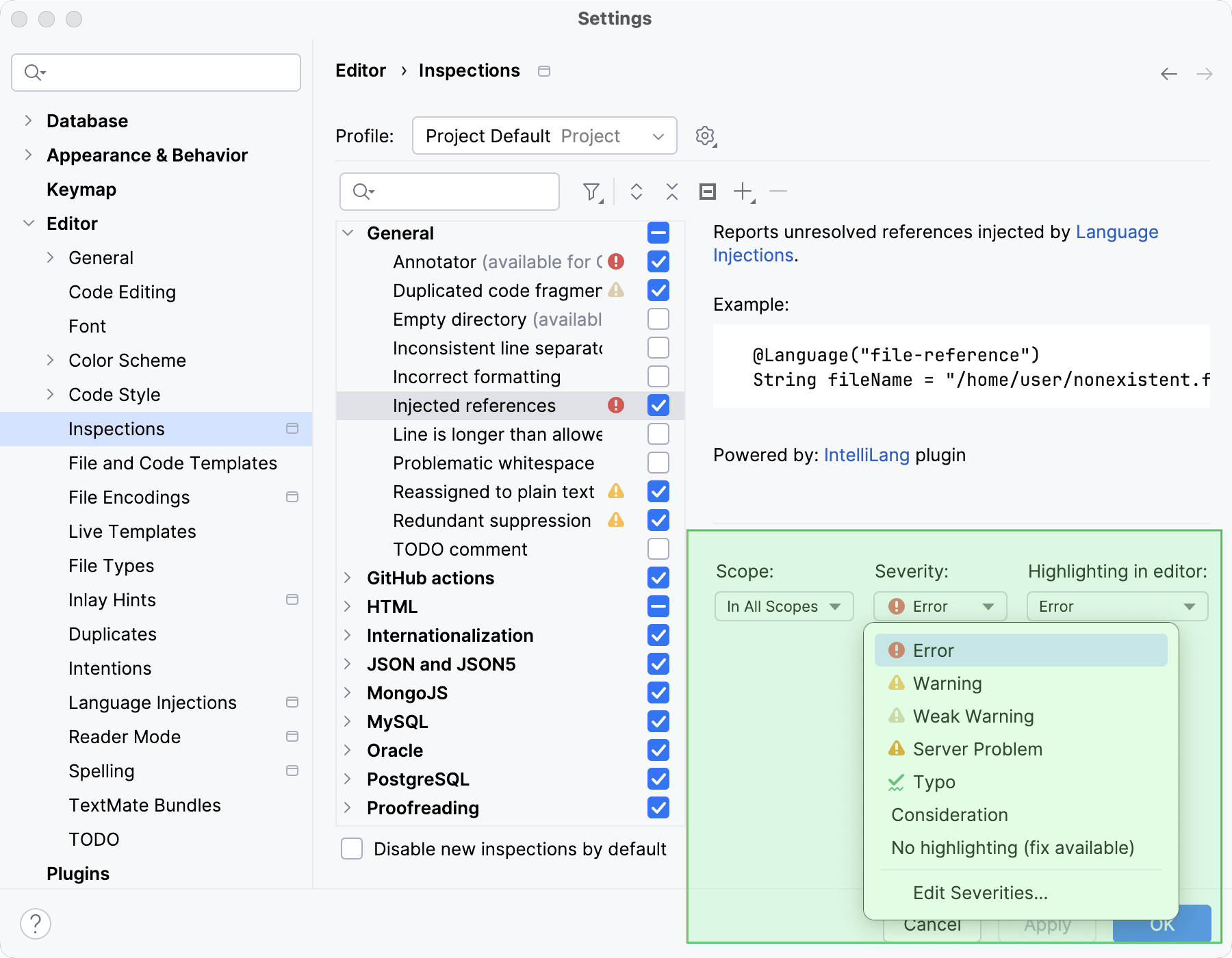 Selecting severity level for an inspection Selecting severity level for an inspection