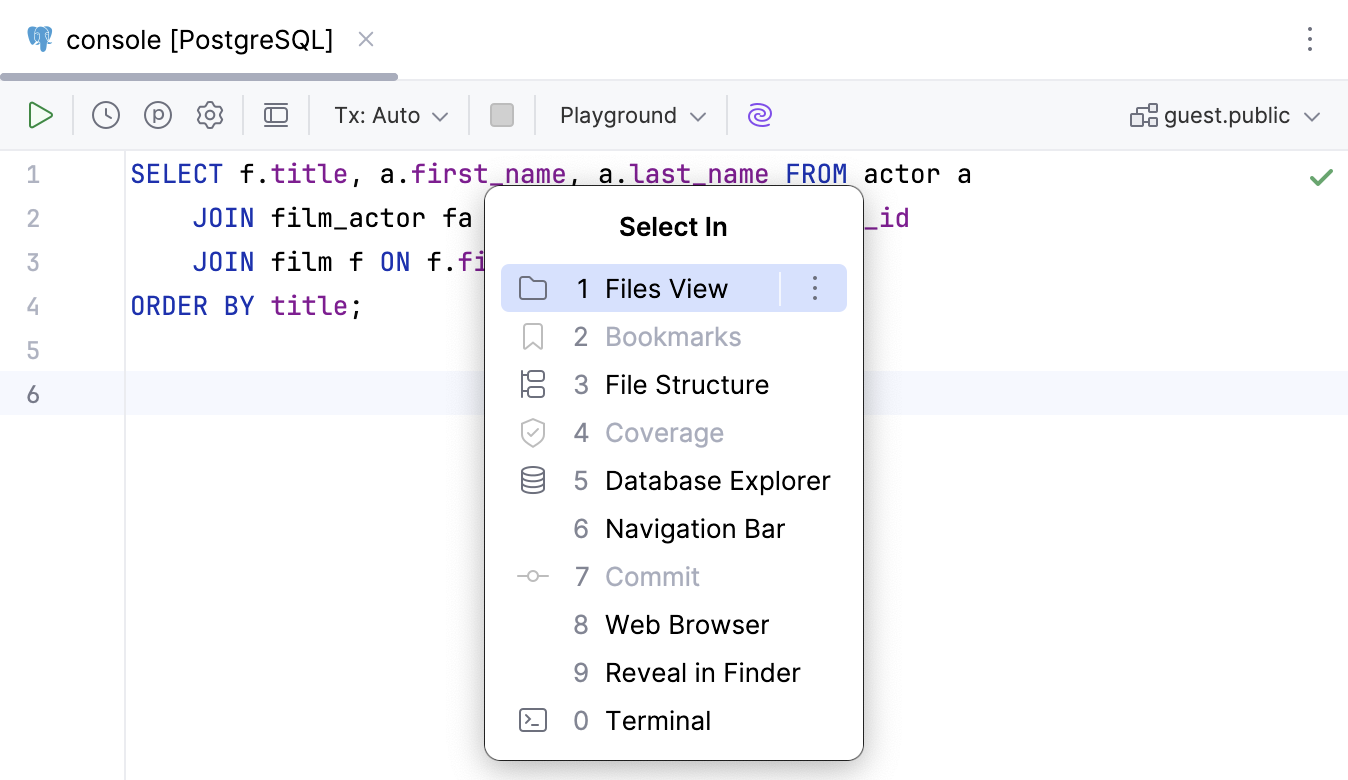 Navigate to a query console  from the Select In window