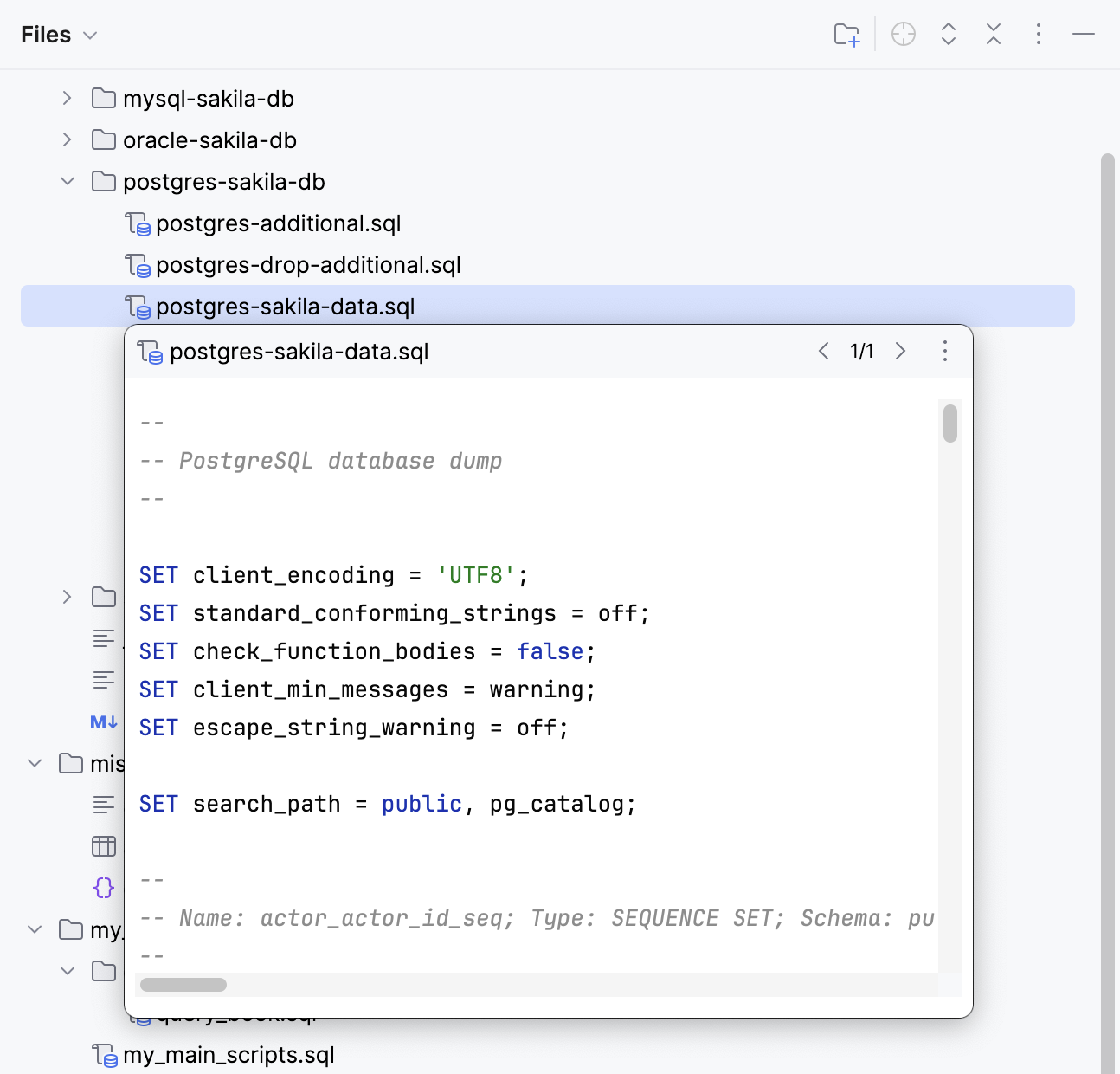 Opening a file preview in the Files tool window