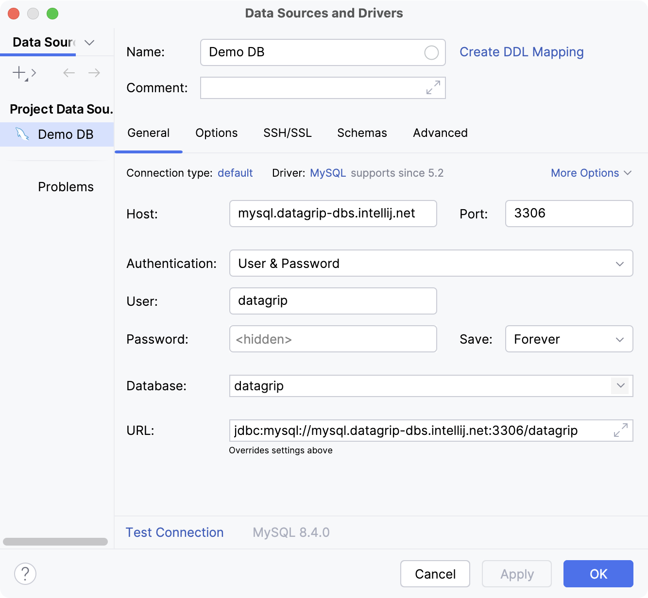 Settings of a new data source in the Data Source and Drivers dialog Settings of a new data source in the Data Source and Drivers dialog