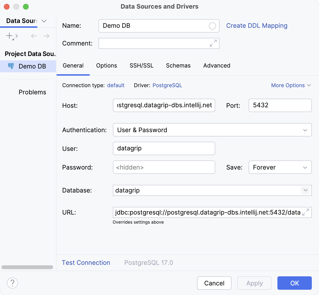 Settings of a new data source in the Data Source and Drivers dialog Settings of a new data source in the Data Source and Drivers dialog