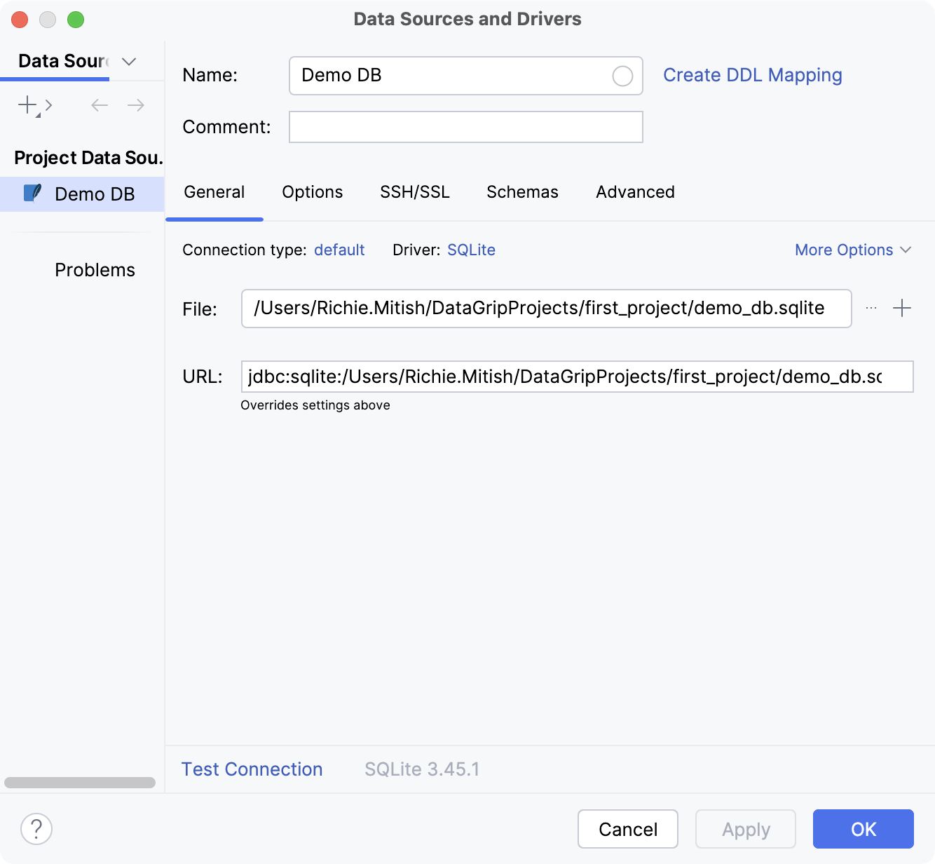 Settings of a new data source in the Data Source and Drivers dialog Settings of a new data source in the Data Source and Drivers dialog