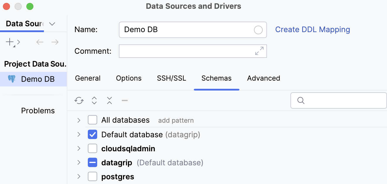 Selecting schemas to display in the Data Source and Drivers dialog Selecting schemas to display in the Data Source and Drivers dialog