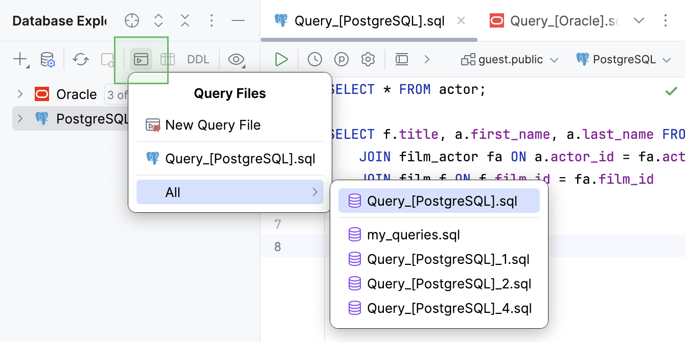 Schema and data source lists in the query file toolbar Schema and data source lists in the query file toolbar