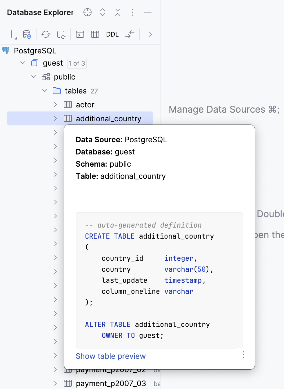 Table information size in Quick Documentation popup in Database Explorer Table information size in Quick Documentation popup in Database Explorer