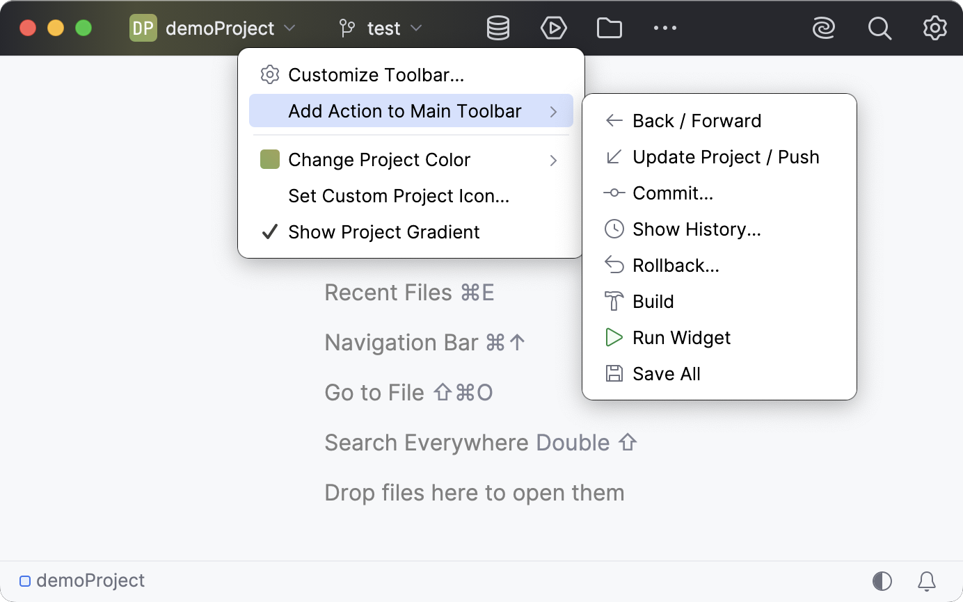 Adding actions to main toolbar