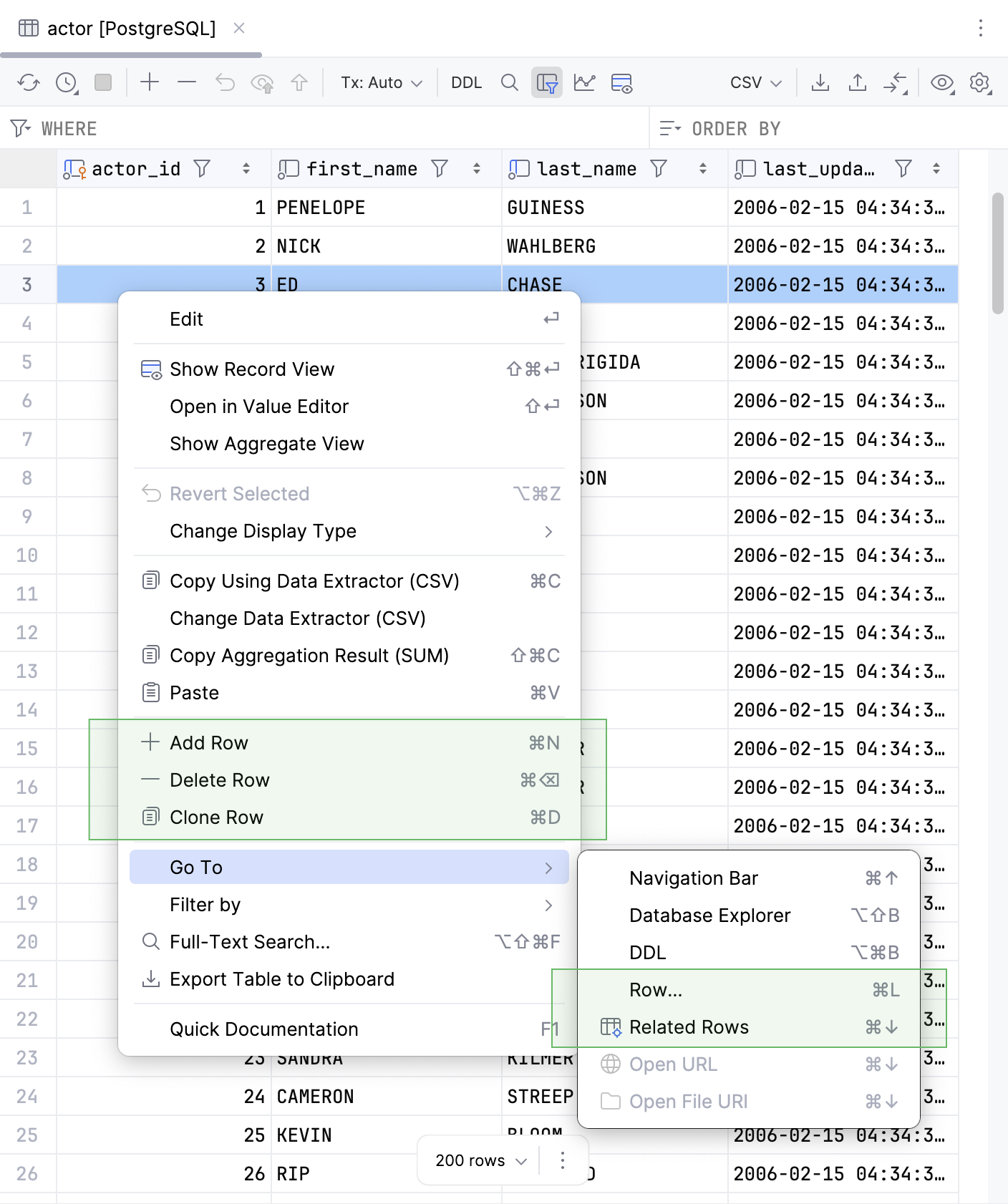 rows in the data editor