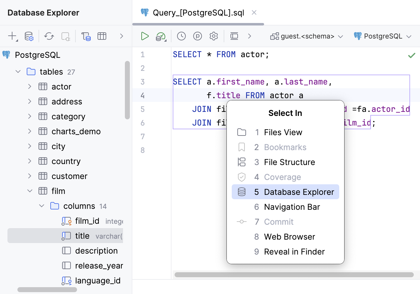 Navigate to a database object from editor code with the Select In popup