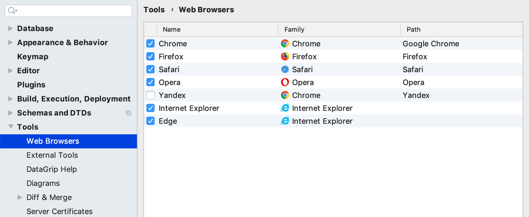 The Web Browsers page in Settings The Web Browsers page in Settings