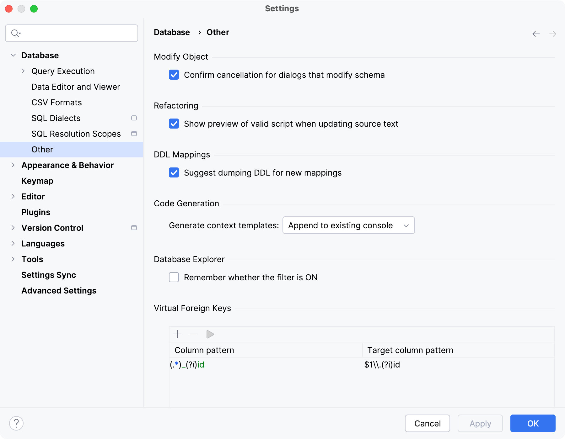 the Other settings dialog the Other settings dialog