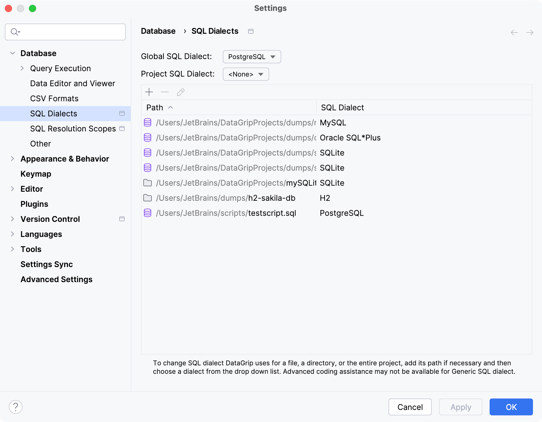 the SQL Dialects settings dialog the SQL Dialects settings dialog