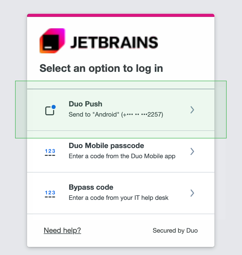 Selecting the Duo Push option to log in Selecting the Duo Push option to log in