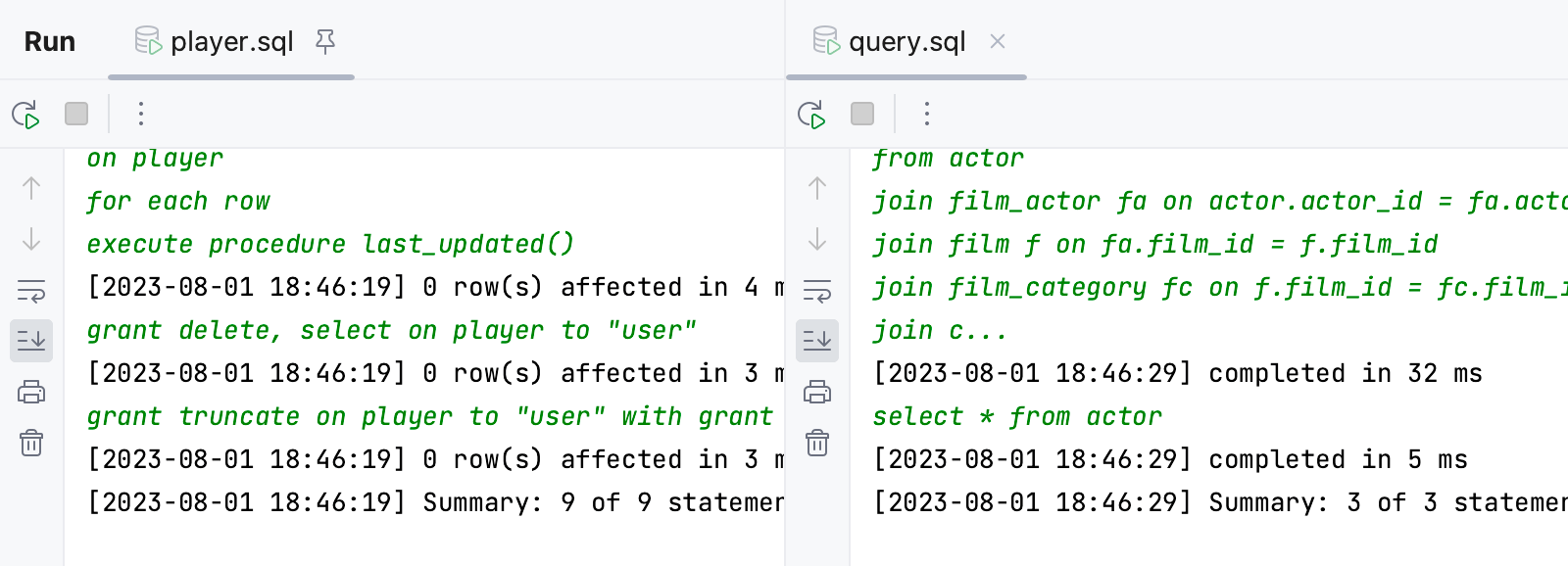 Split tabs in the Run tool window Split tabs in the Run tool window