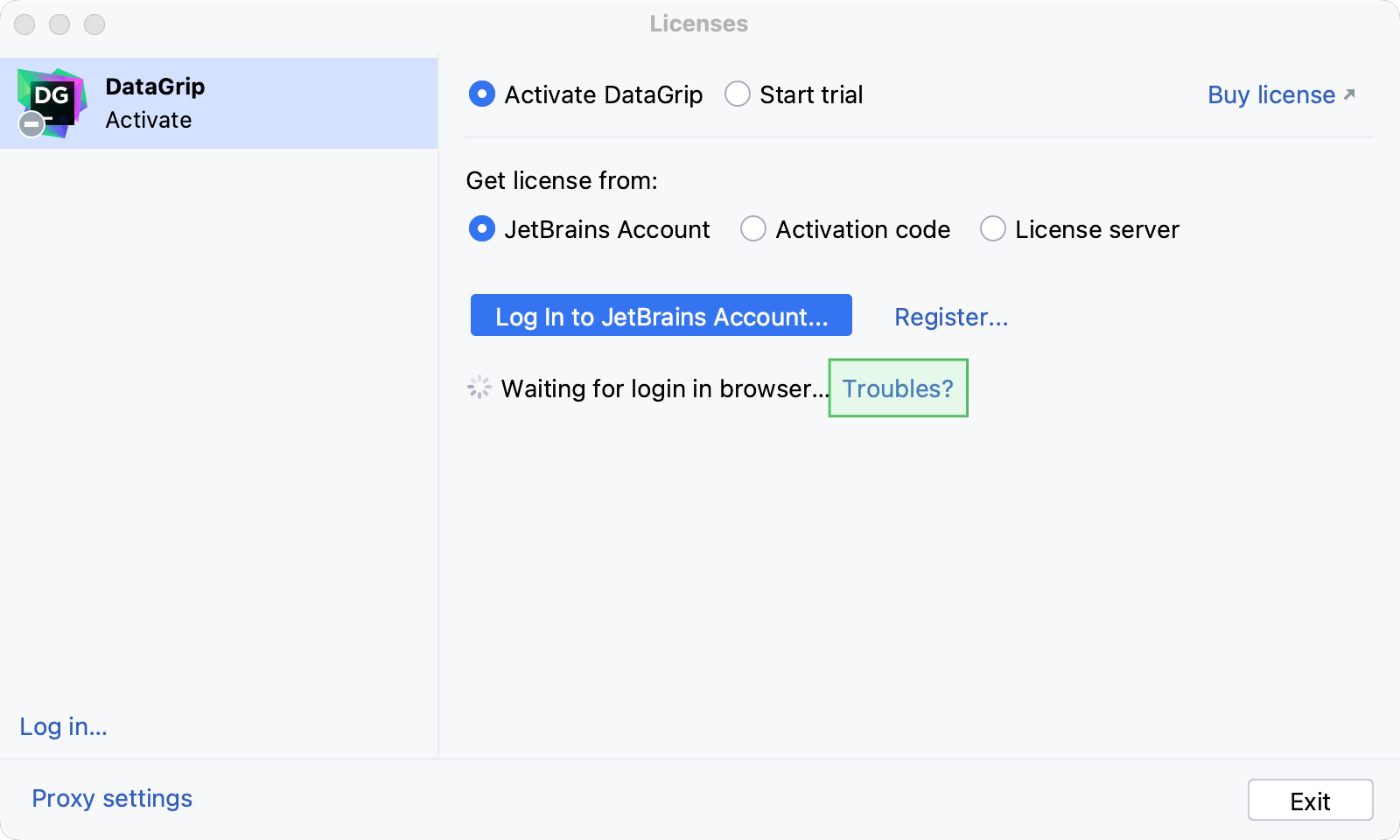 The Troubles button in the Login dialog The Troubles button in the Login dialog